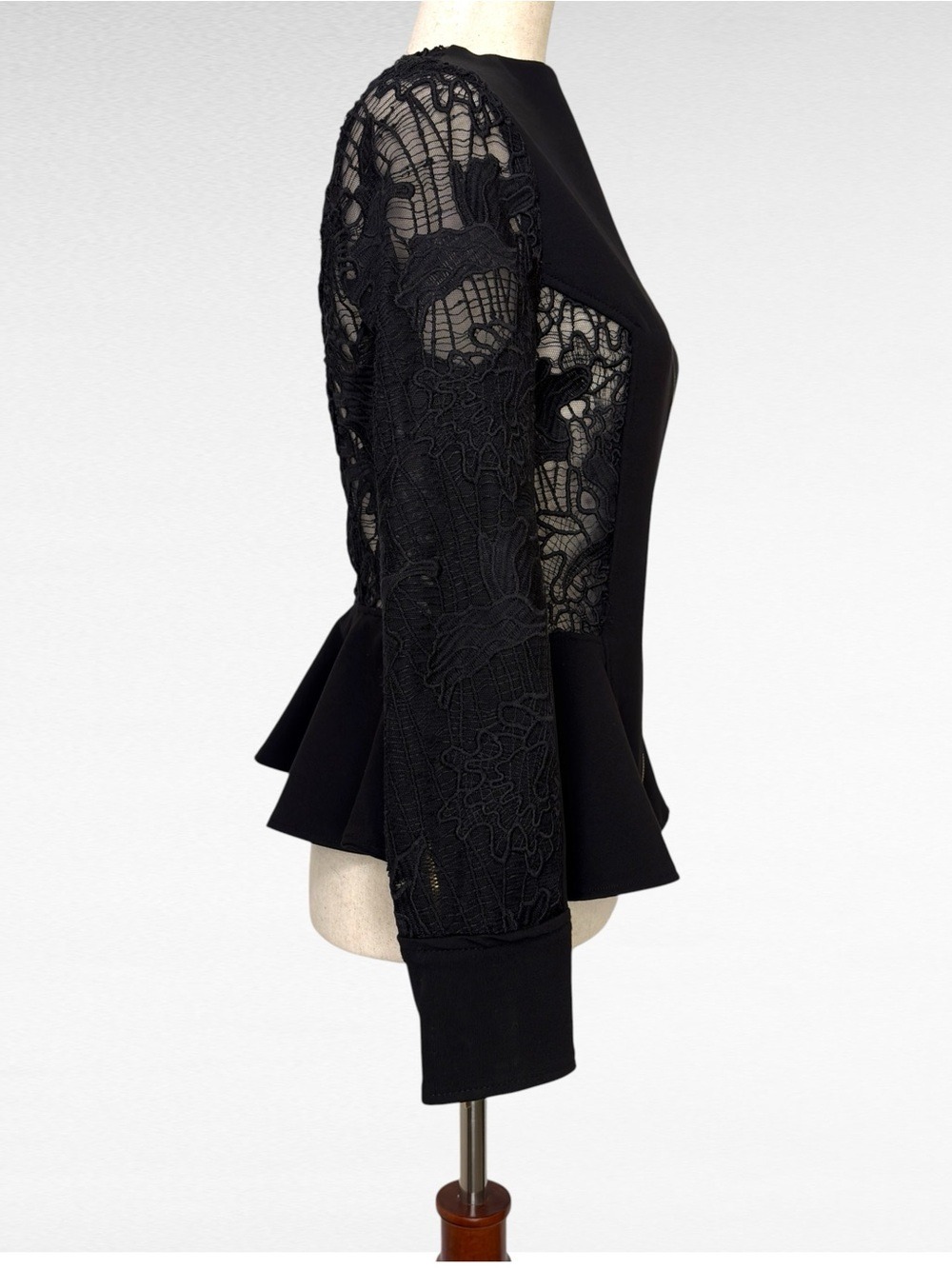 Black Peplum Jacket Size M With Sheer Lace Panels Y2K Corporate Goth Night Club - Picture 3 of 15
